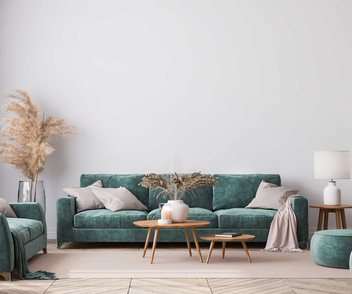 Grünes Sofa in einem Wohnzimmer mit weißer Wand.