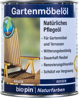 Dose gefüllt mit akaziefarbigem Gartenmöbelöl aus dem Bereich Garten & Wetter, wirkt feuchtigkeitsregulierend und ist geeignet für Gartenmöbel und Terrassen