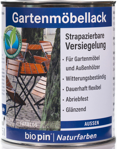 Dose gefüllt mit farblosem Gartenmöbellack, geeignet für Gartenmöbel und Außenhölzer