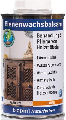 Dose gefüllt mit farblosem Bienenwachsbalsam, dient zur Behandlung und Pflege von Holzmöbeln im Innenbereich