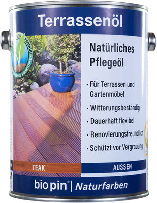 Dose gefüllt mit teakholzfarbigem Terrassen-Öl aus dem Bereich Garten & Wetter, geeignet für Hart- und Weichhölzer im Außenbereich